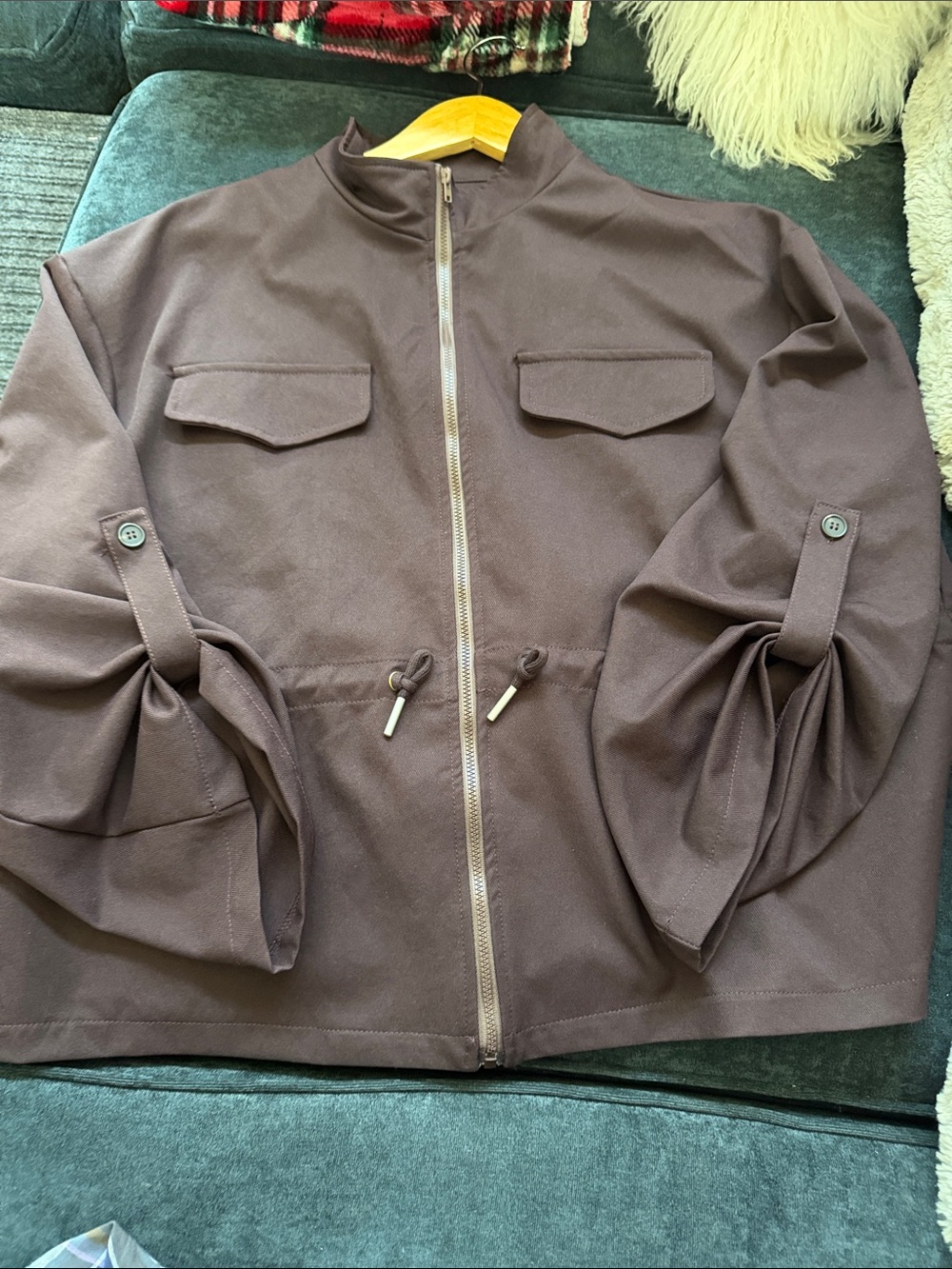 SHEIN Dark Brown Lightweight Zip-Front Shirt Jacket